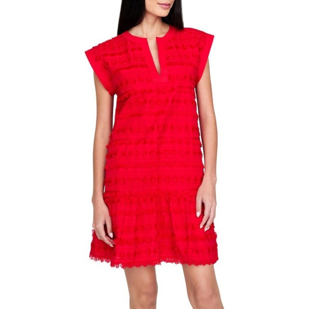 Marie Oliver Herra Women's Size XS Salsa Red Embroidery & Fringe Shift Dress - Picture 2 of 15